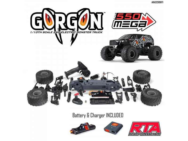 Arrma Gorgon 4X2 Mega 550 Monster Truck 1/10, RTA Bouwpakket met Batterij en Lader - Zwart