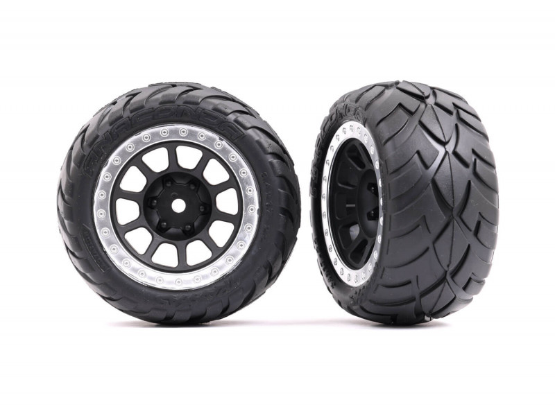 Traxxas Tires & wheels, assembled (2.2' graphite gray, satin chrome beadlock wheels, Anaconda 2.2' tires with foam inserts) (2) (Bandit rear)