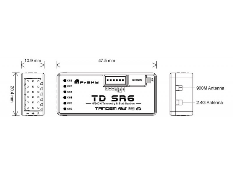 FrSky TD SR6 Tandem 6 Kanaals Ontvanger - 900Mhz / 2.4Ghz