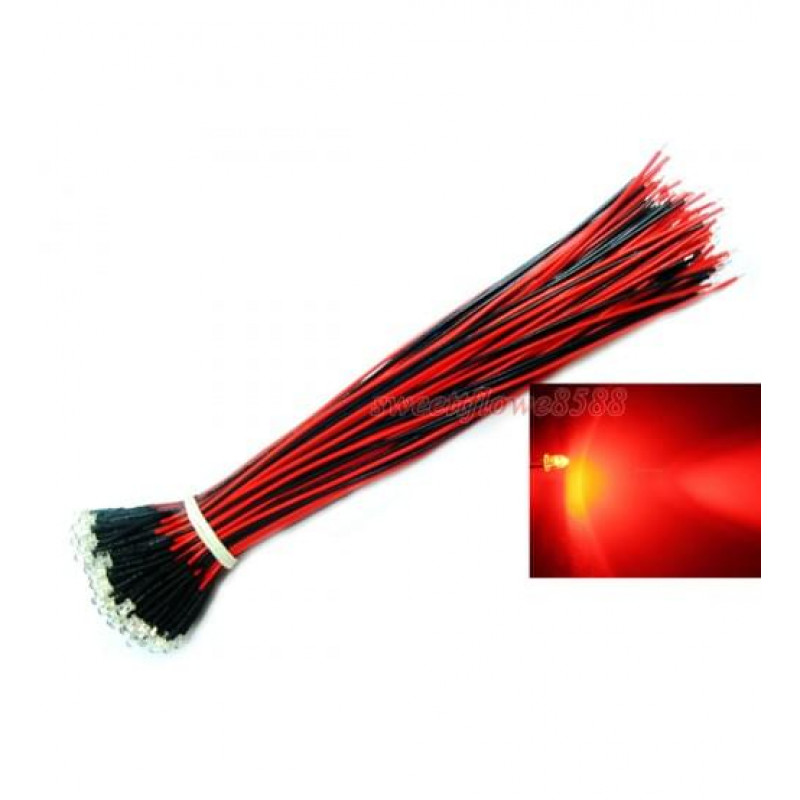 Prewired 3mm LED Red 25 Degree